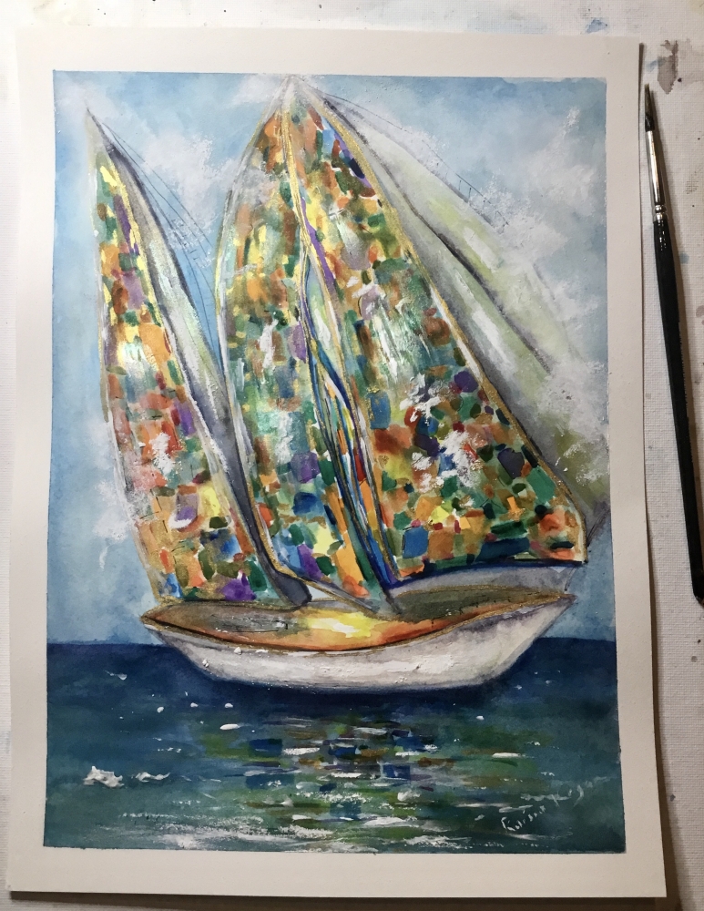 Sun boat original watercolour painting 