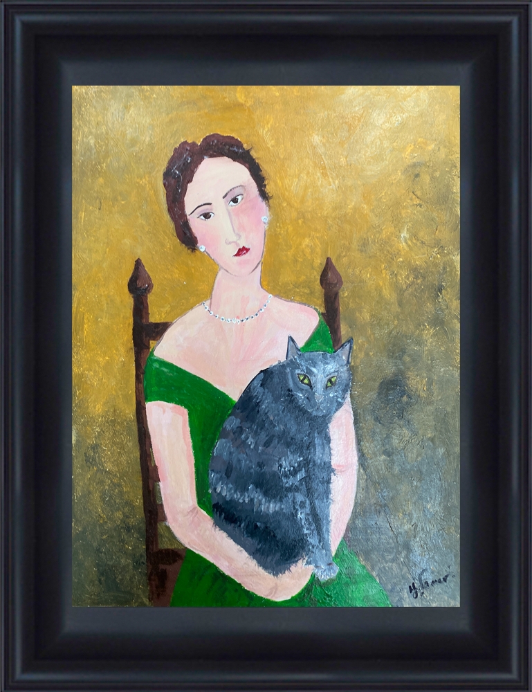 Woman seated with pearls & Tabby Cat