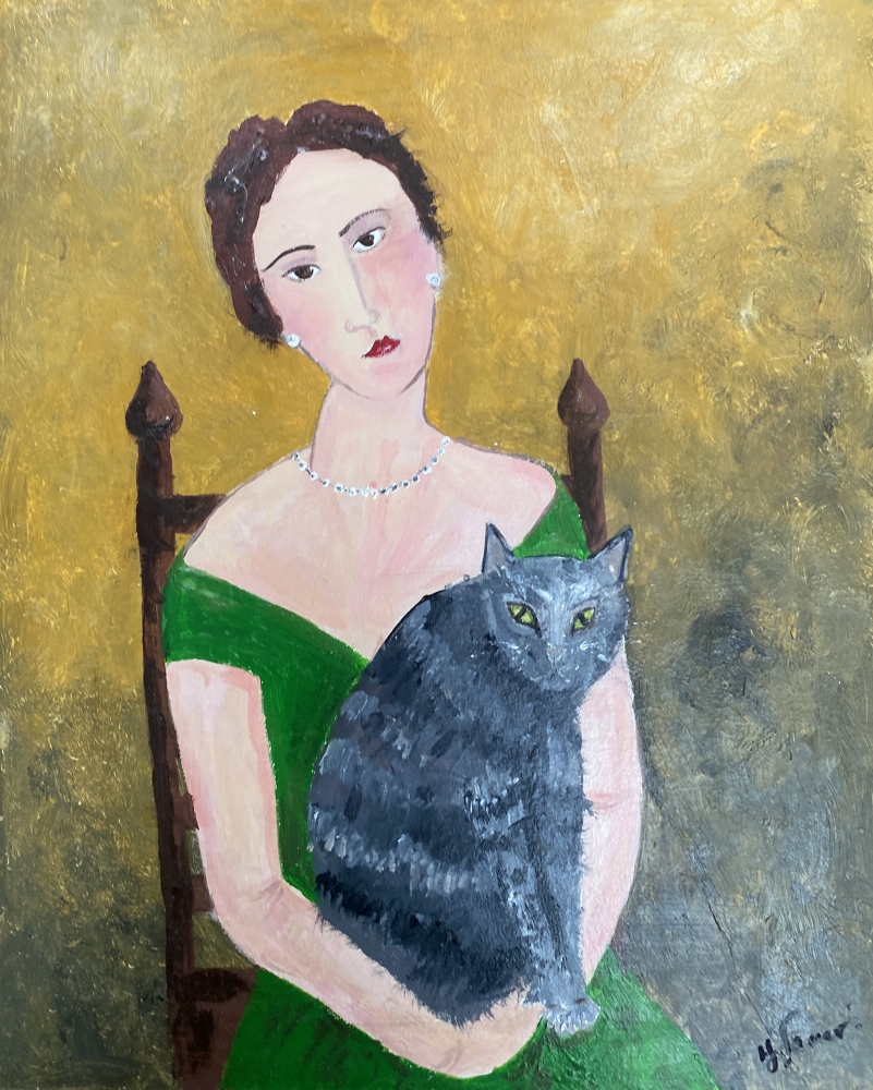 Woman seated with pearls & Tabby Cat