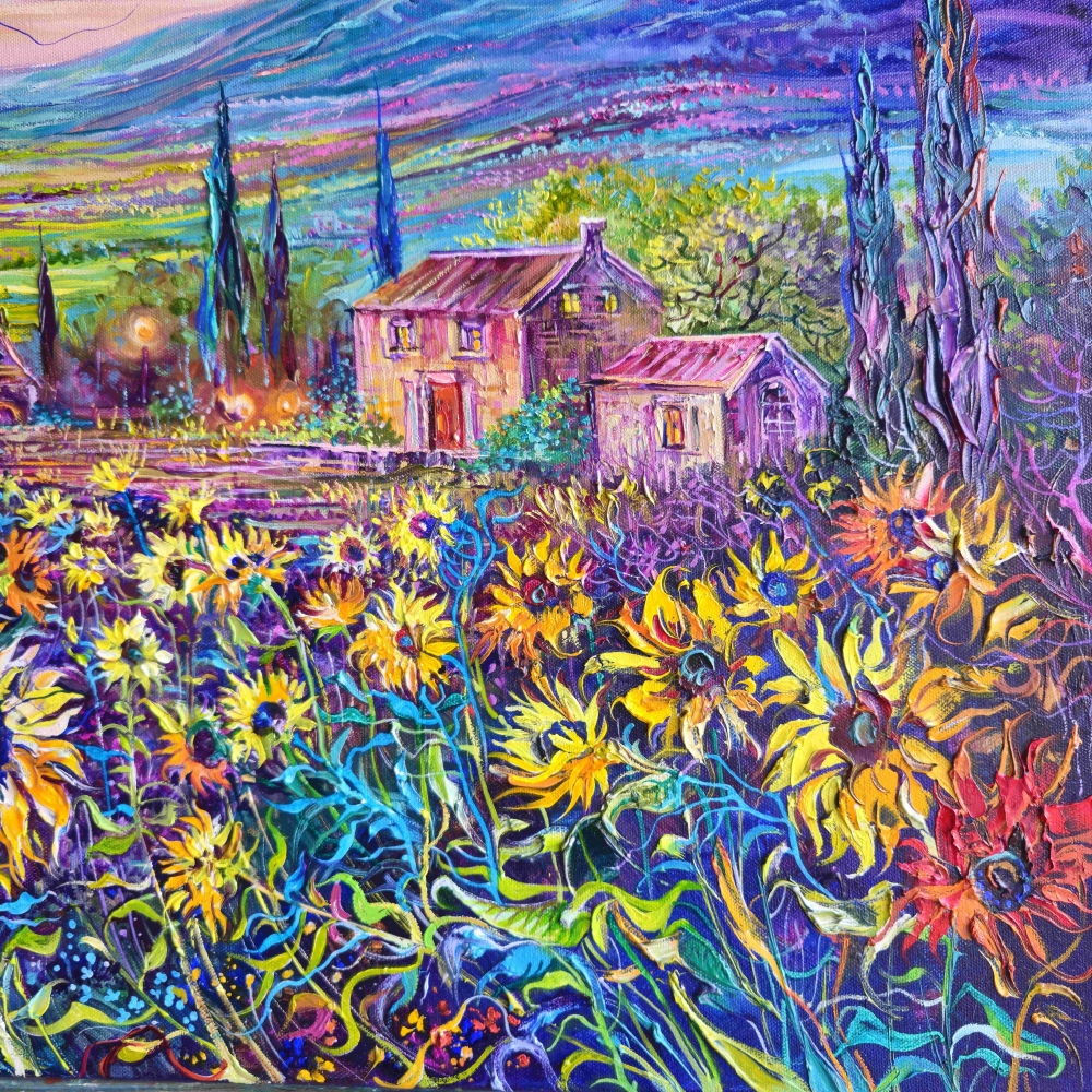 Lavender and Sunflower Fields at Sunset, France Provence.