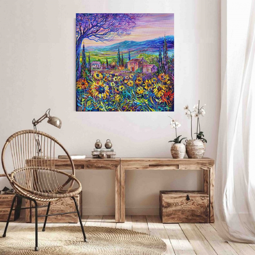 Lavender and Sunflower Fields at Sunset, France Provence.