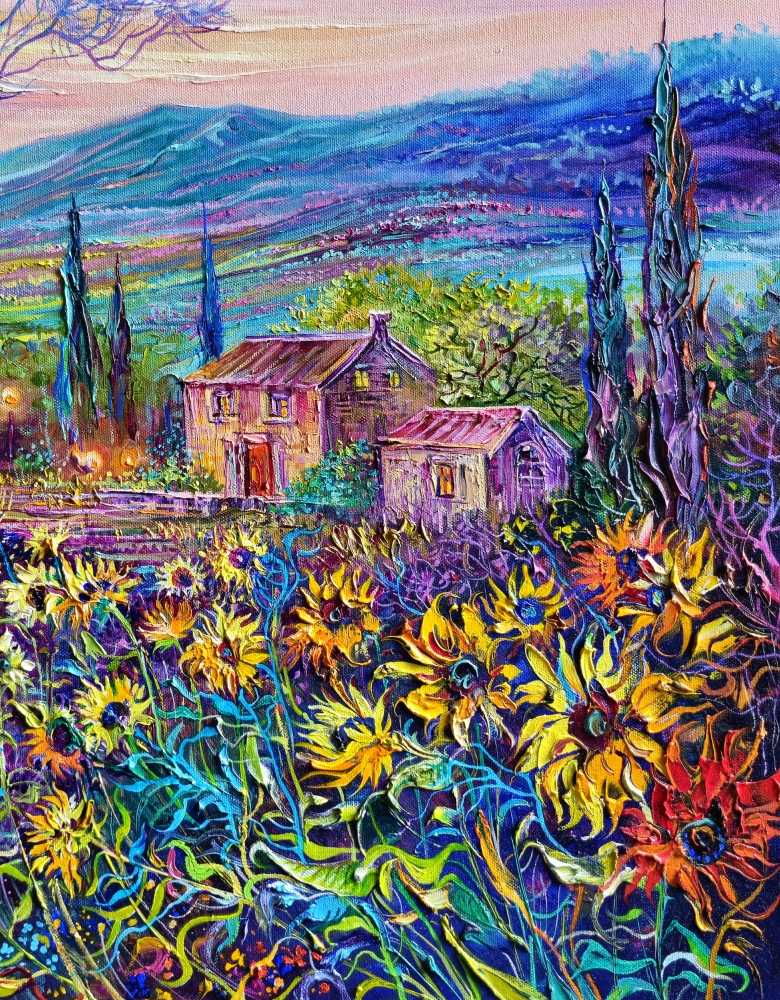 Lavender and Sunflower Fields at Sunset, France Provence.