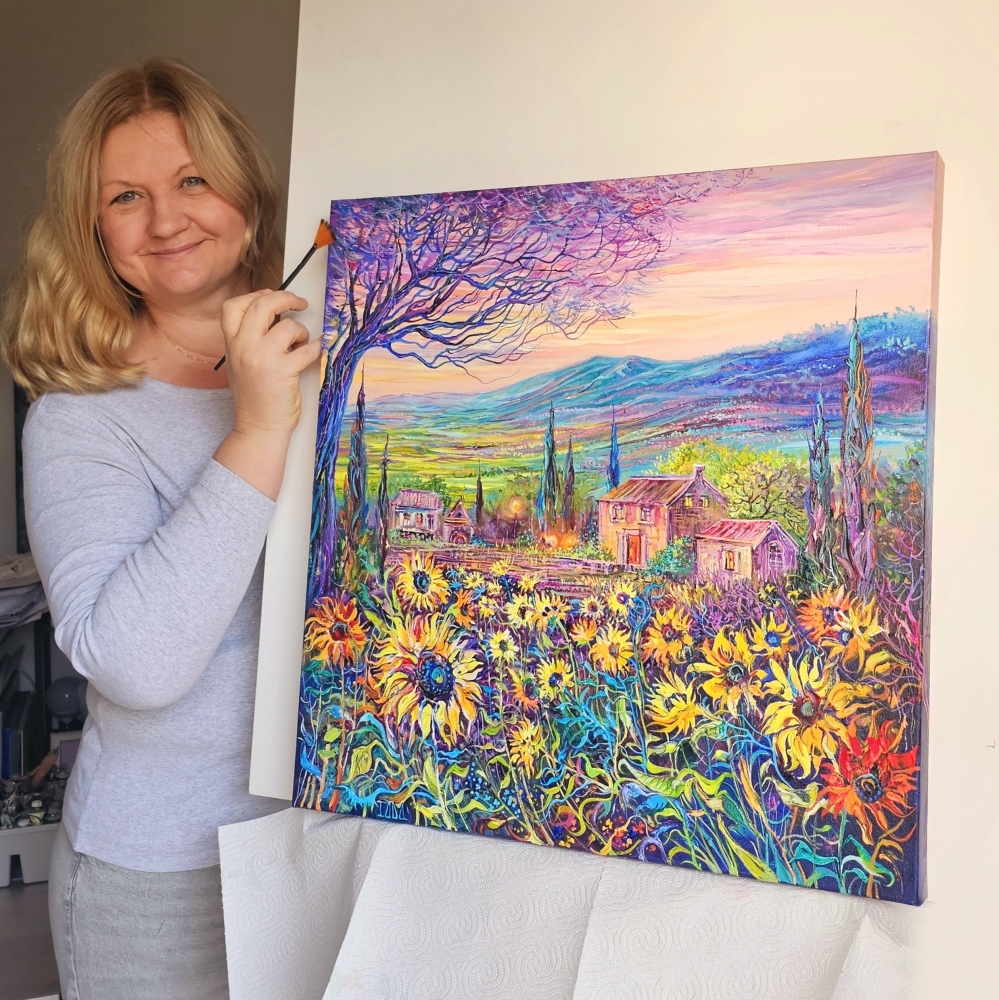 Lavender and Sunflower Fields at Sunset, France Provence.