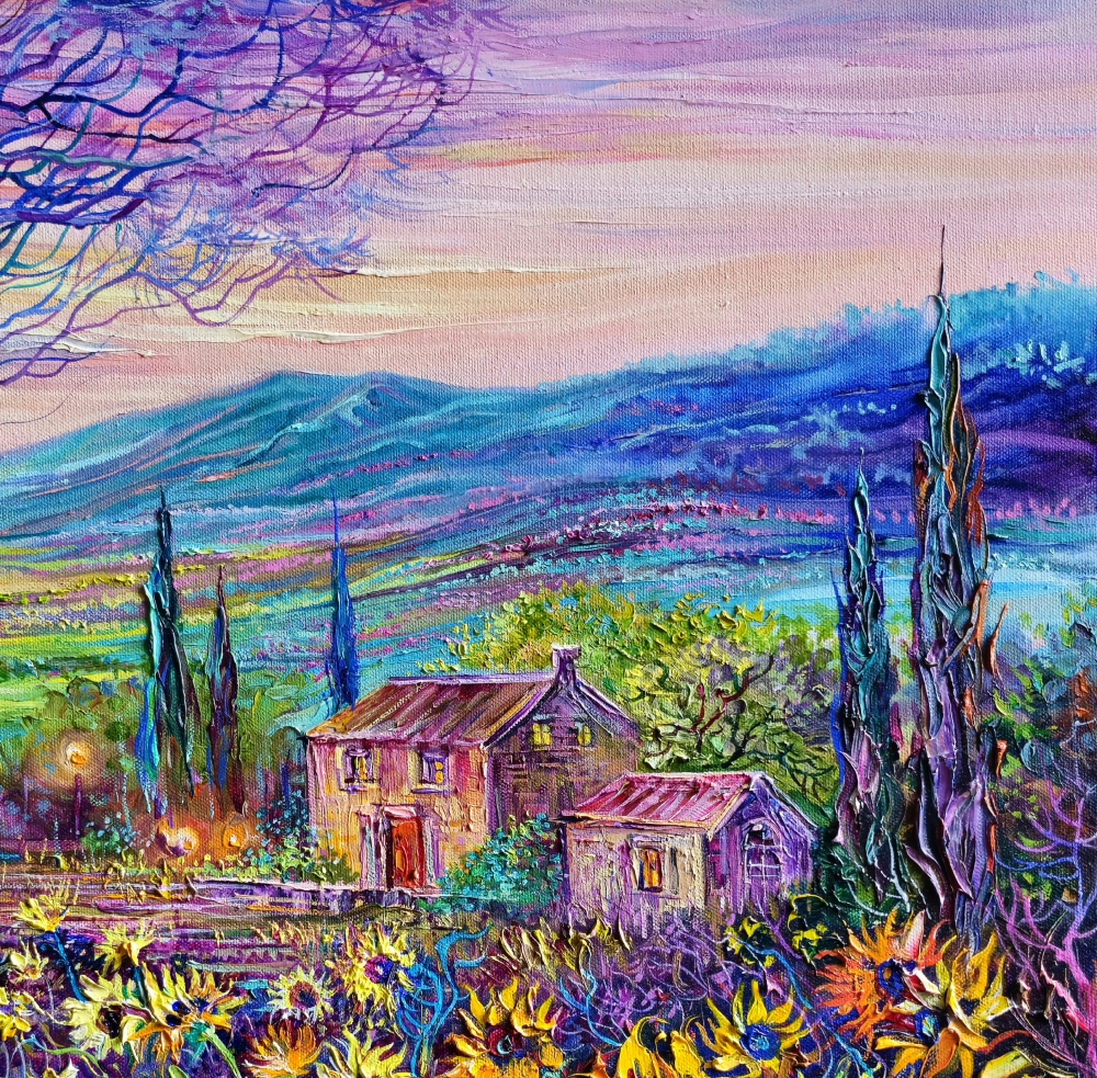 Lavender and Sunflower Fields at Sunset, France Provence.