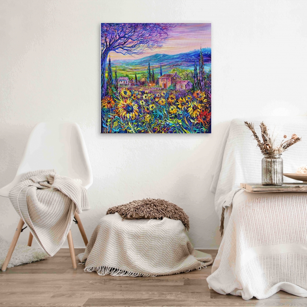 Lavender and Sunflower Fields at Sunset, France Provence.