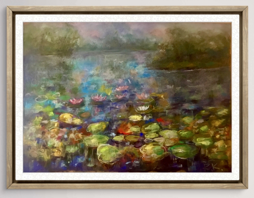 Silent Lily Pond – Large Semi-Abstract Waterlily Landscape in Soft Pastel on Pastelmat, Dreamy Impressionistic Nature Painting