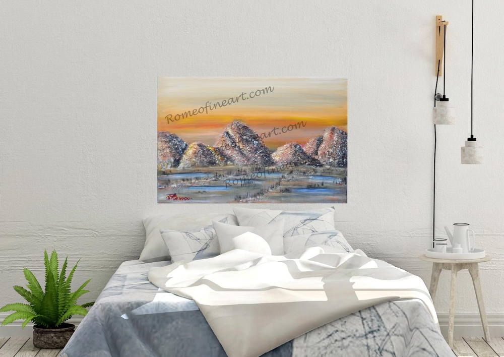 Landscape under the moon, acrylic, on canvas, size 24Hx36Lx.75W inch, SKU 1001