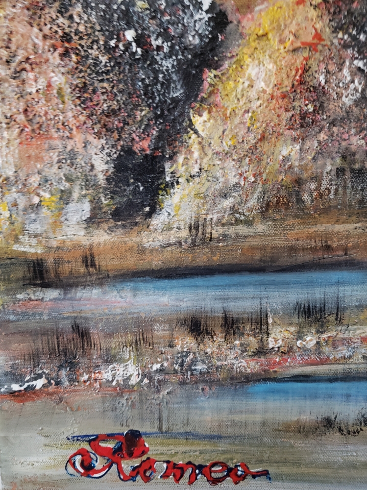 Landscape under the moon, acrylic, on canvas, size 24Hx36Lx.75W inch, SKU 1001