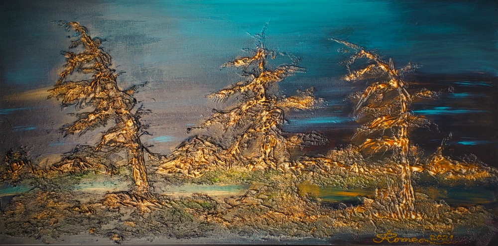 Canadian Subarctic Night, Acrylic, Sculpture, mixed media on canvas, 24x48 inch, SKU 1004 