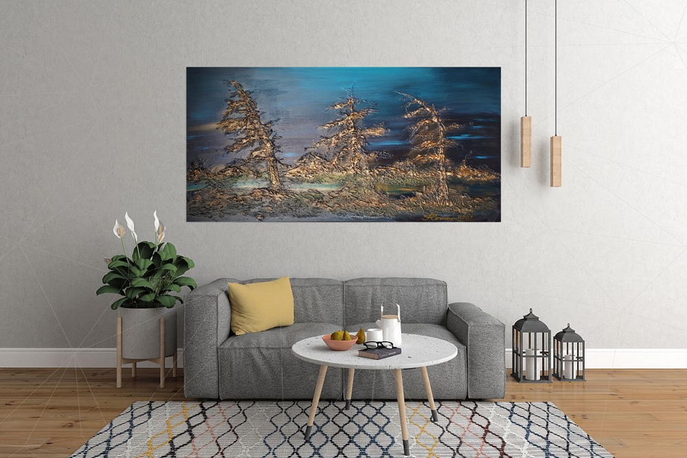 Canadian Subarctic Night, Acrylic, Sculpture, mixed media on canvas, 24x48 inch, SKU 1004 