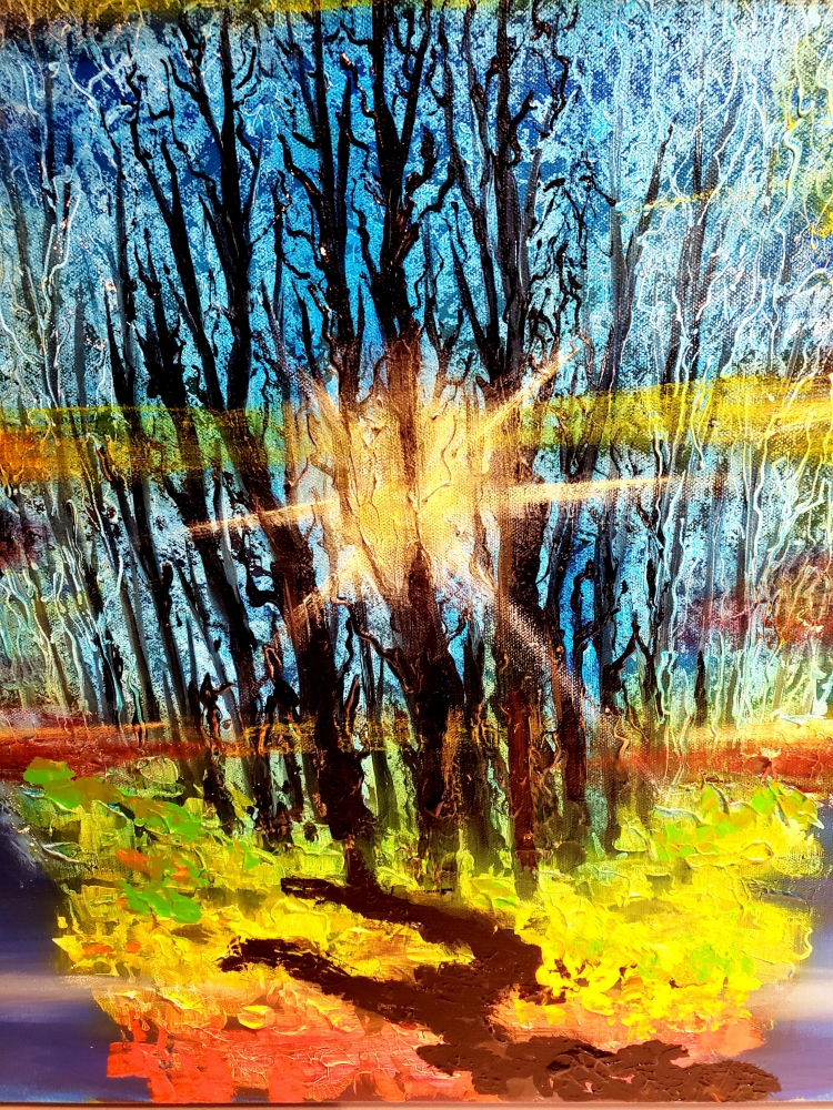 Sunrise in forest, Acrylic on canvas, 30x40x1.5 inch, 76.5x101.5x4 cm, SKU 1028