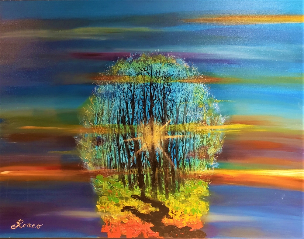 Sunrise in forest, Acrylic on canvas, 30x40x1.5 inch, 76.5x101.5x4 cm, SKU 1028