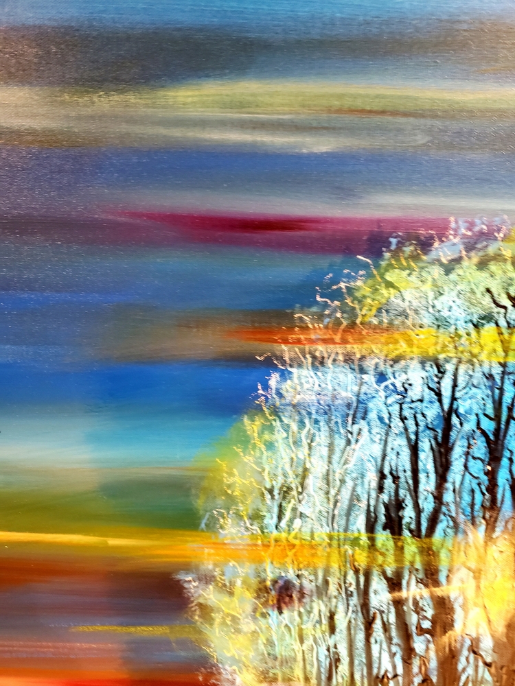 Sunrise in forest, Acrylic on canvas, 30x40x1.5 inch, 76.5x101.5x4 cm, SKU 1028