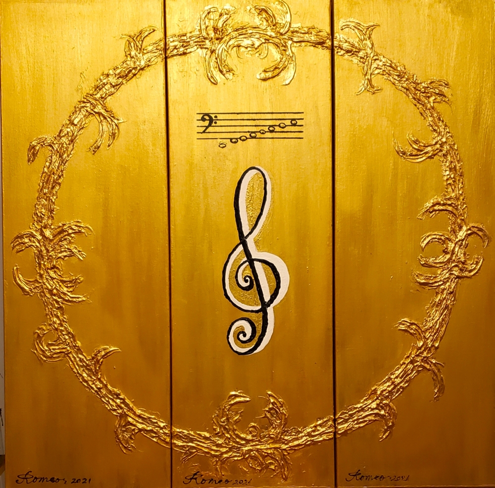 The King Symbols of music, with gold leafs 24 K, 36x36x1.5 inch, 91.5x91.5x4 cm, SKU 1035