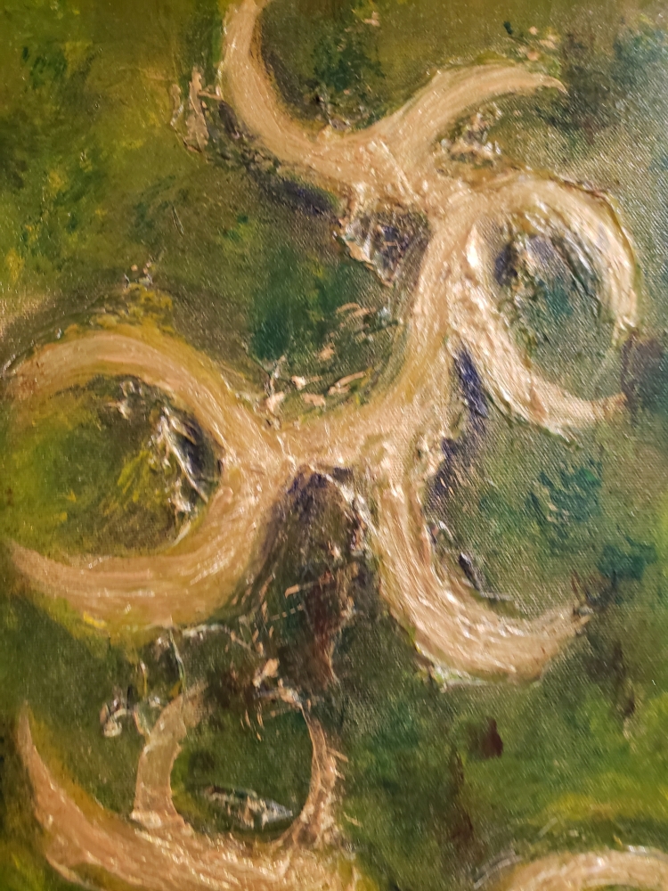 Gold, cooper, emerald, 3D, Mixed Media on canvas, 3x12x36-inch, SKU-1098