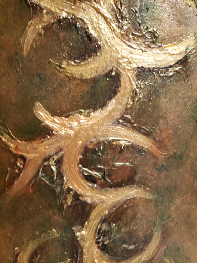 Gold, cooper, emerald, 3D, Mixed Media on canvas, 3x12x36-inch, SKU-1098