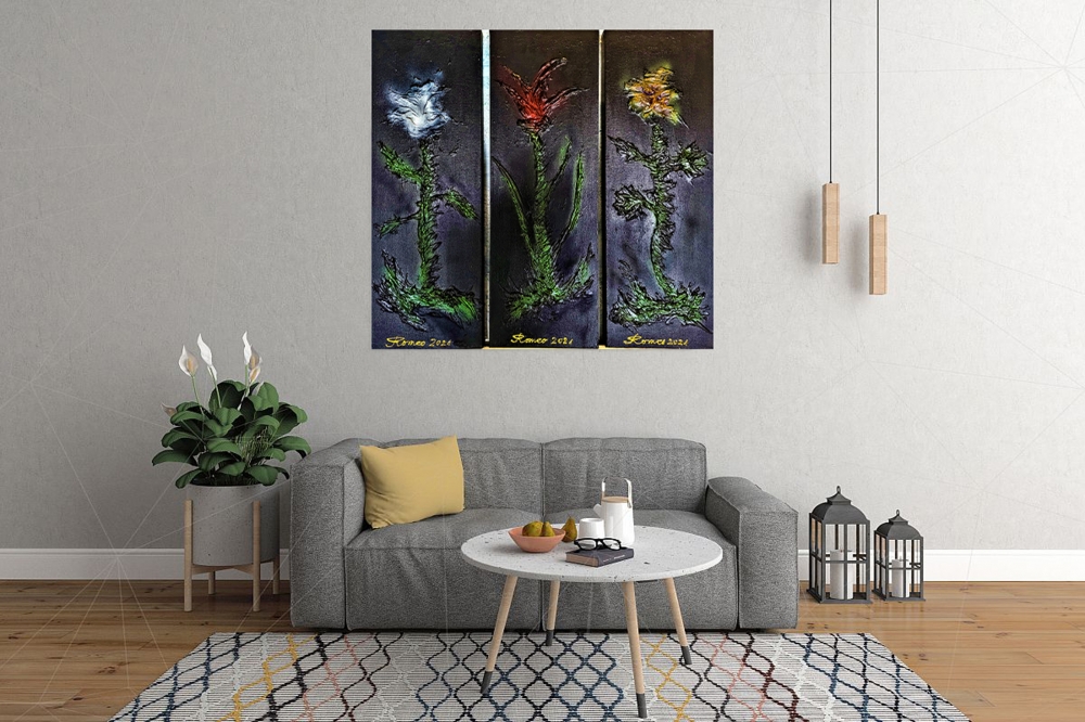 Flowers in midnight 36x36 inch, 91.5x91.5 cm, SKU 1181