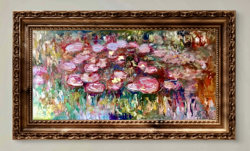 Secret of Pink Waterlilies Original Oil Painting • 40×80 cm
