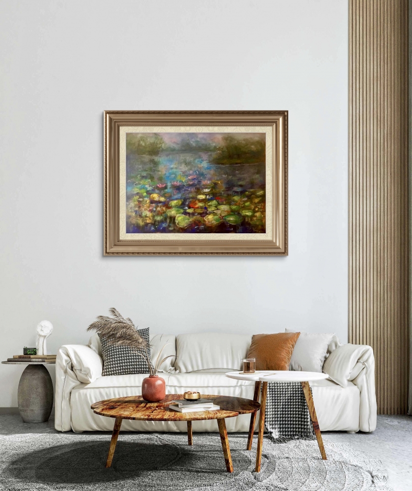 Silent Lily Pond – Large Semi-Abstract Waterlily Landscape in Soft Pastel on Pastelmat, Dreamy Impressionistic Nature Painting