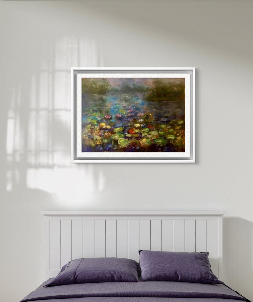 Silent Lily Pond – Large Semi-Abstract Waterlily Landscape in Soft Pastel on Pastelmat, Dreamy Impressionistic Nature Painting