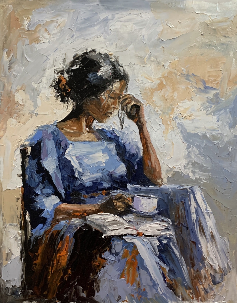 Quiet blue afternoon. Reading woman.