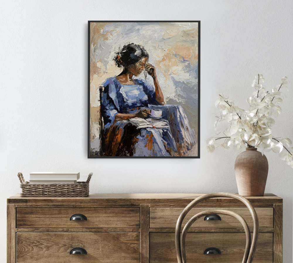 Quiet blue afternoon. Reading woman.