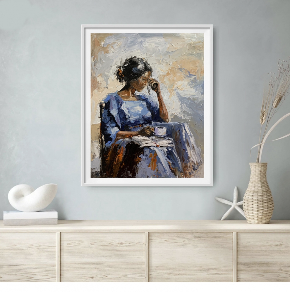 Quiet blue afternoon. Reading woman.