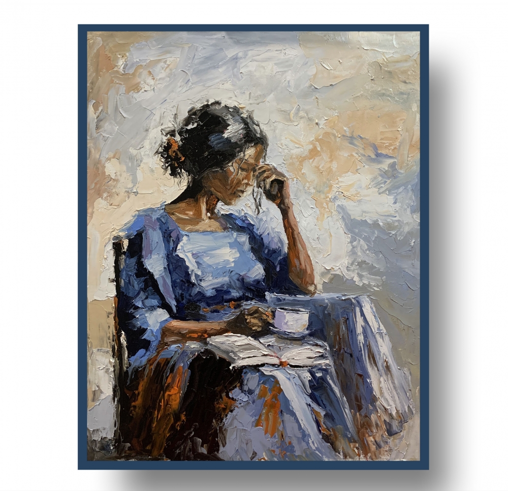 Quiet blue afternoon. Reading woman.