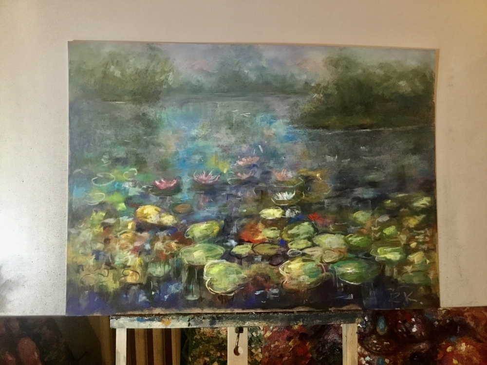 Silent Lily Pond – Large Semi-Abstract Waterlily Landscape in Soft Pastel on Pastelmat, Dreamy Impressionistic Nature Painting