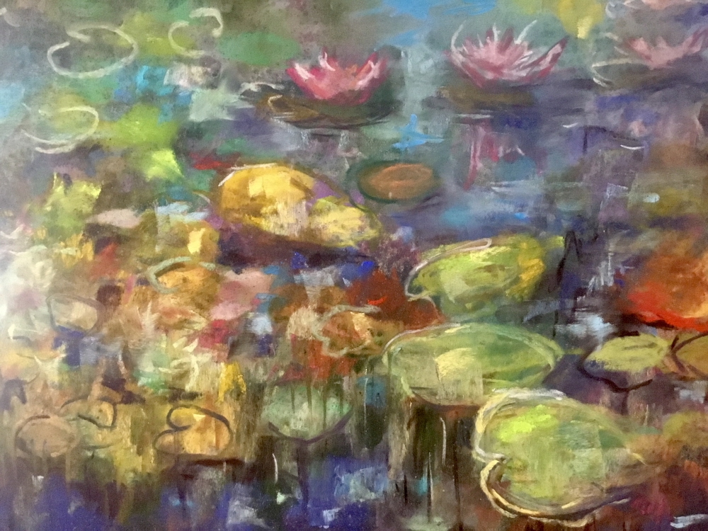 Silent Lily Pond – Large Semi-Abstract Waterlily Landscape in Soft Pastel on Pastelmat, Dreamy Impressionistic Nature Painting