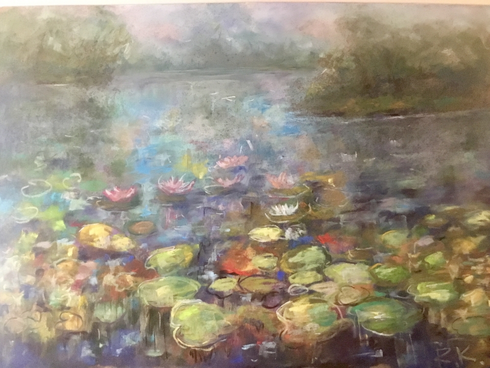 Silent Lily Pond – Large Semi-Abstract Waterlily Landscape in Soft Pastel on Pastelmat, Dreamy Impressionistic Nature Painting