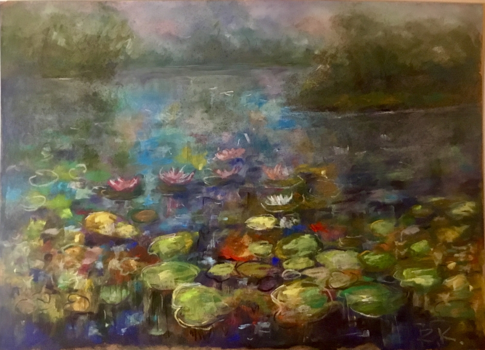 Silent Lily Pond – Large Semi-Abstract Waterlily Landscape in Soft Pastel on Pastelmat, Dreamy Impressionistic Nature Painting