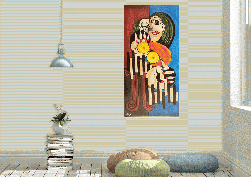 Woman on Piano, partial insired from Picasso, Acrylic on Canvas, 18x36 inch 