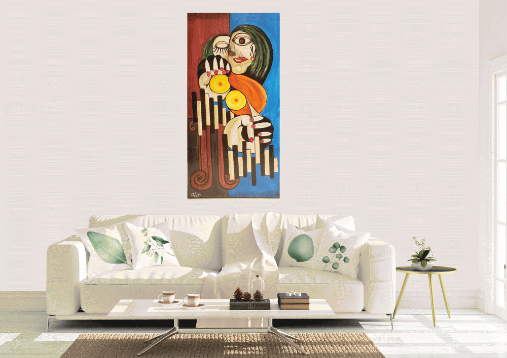 Woman on Piano, partial insired from Picasso, Acrylic on Canvas, 18x36 inch 
