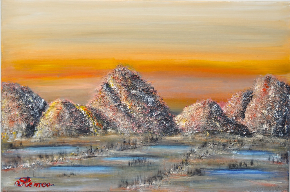 Landscape under the moon, acrylic, on canvas, size 24Hx36Lx.75W inch, SKU 1001