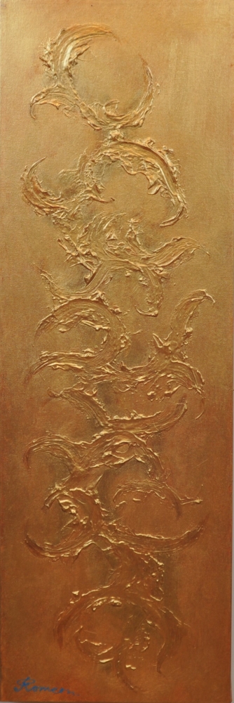 Gold, cooper, emerald, 3D, Mixed Media on canvas, 3x12x36-inch, SKU-1098