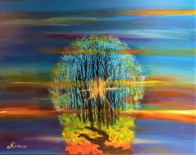 Sunrise in forest, Acrylic on canvas, 30x40x1.5 inch, 76.5x101.5x4 cm, SKU 1028