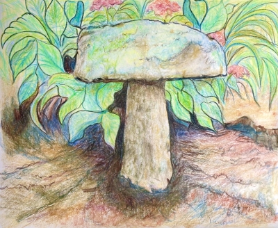 Stone mushroom and hostas