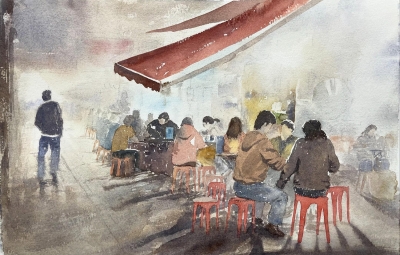 Hong Kong Night Market Warmth  (Watercolour - Original)