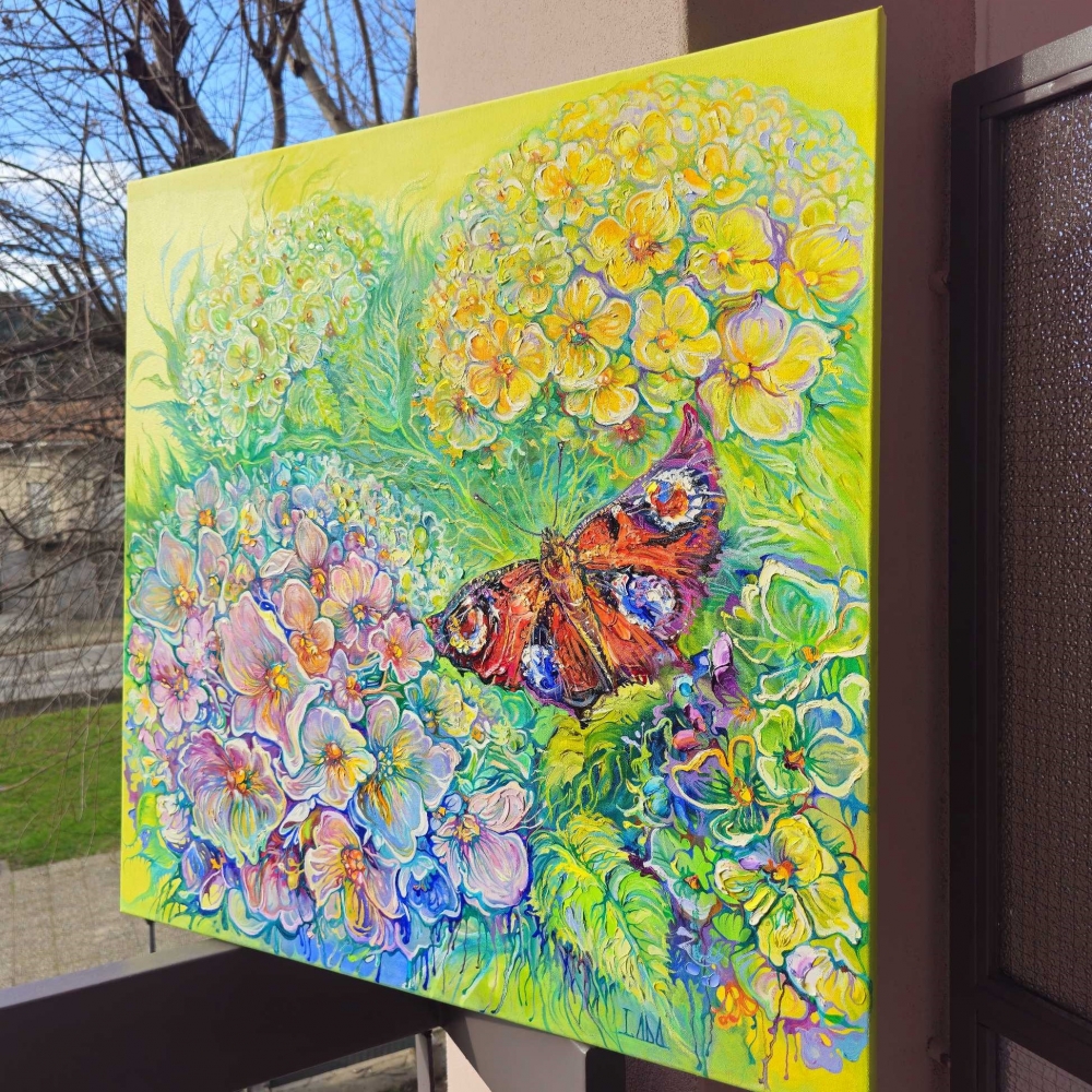 Hydrangeas Garden and Peacock Butterfly