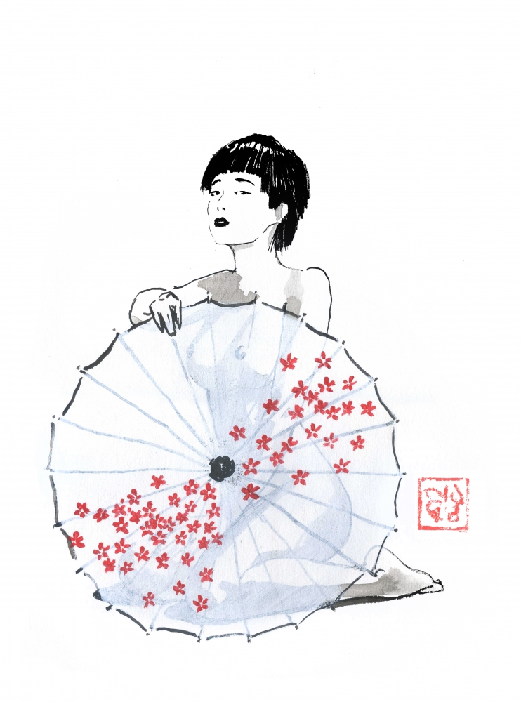 geisha behind umbrella