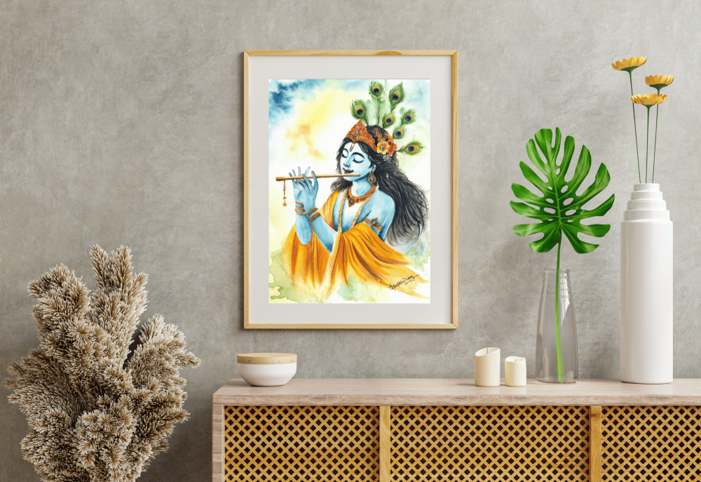 \"Divine Melody – A Watercolour Painting of Lord Krishna\"