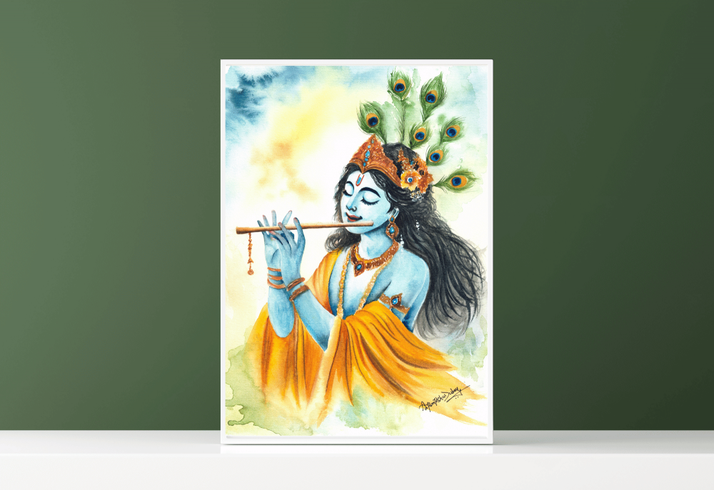 \"Divine Melody – A Watercolour Painting of Lord Krishna\"