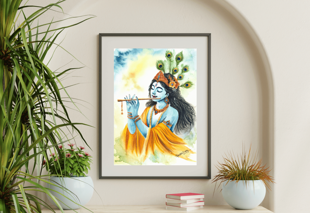 \"Divine Melody – A Watercolour Painting of Lord Krishna\"