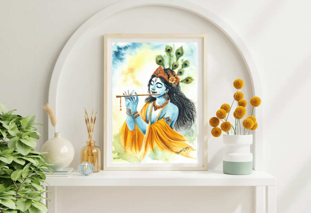 \"Divine Melody – A Watercolour Painting of Lord Krishna\"