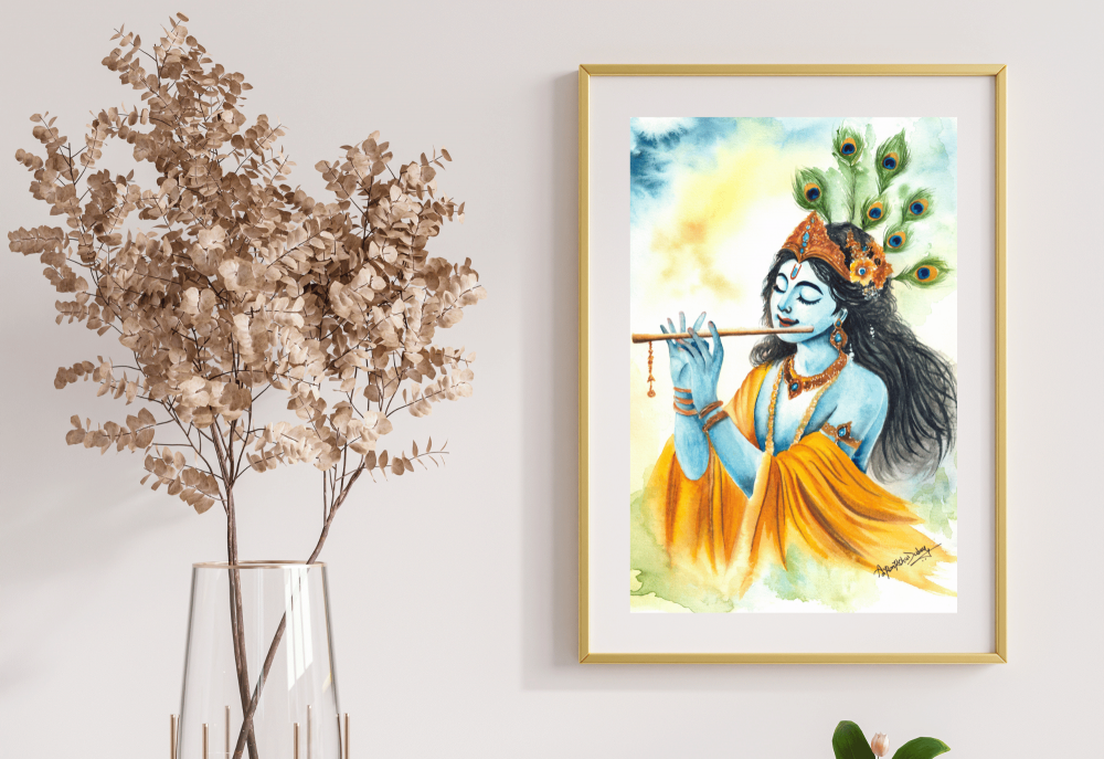 \"Divine Melody – A Watercolour Painting of Lord Krishna\"