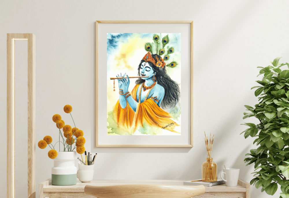 \"Divine Melody – A Watercolour Painting of Lord Krishna\"