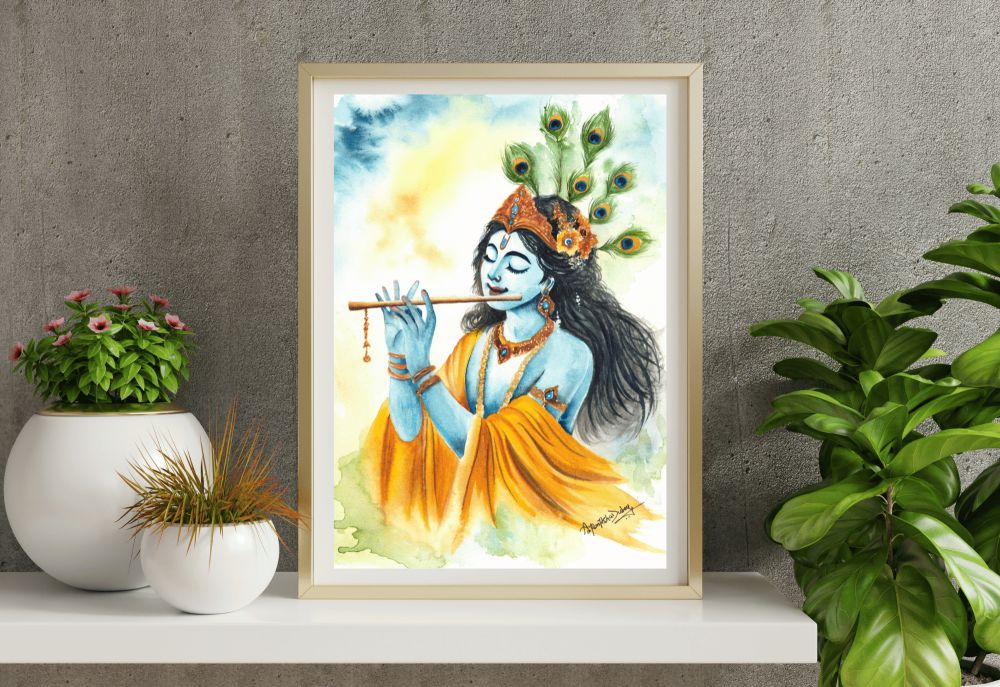 \"Divine Melody – A Watercolour Painting of Lord Krishna\"