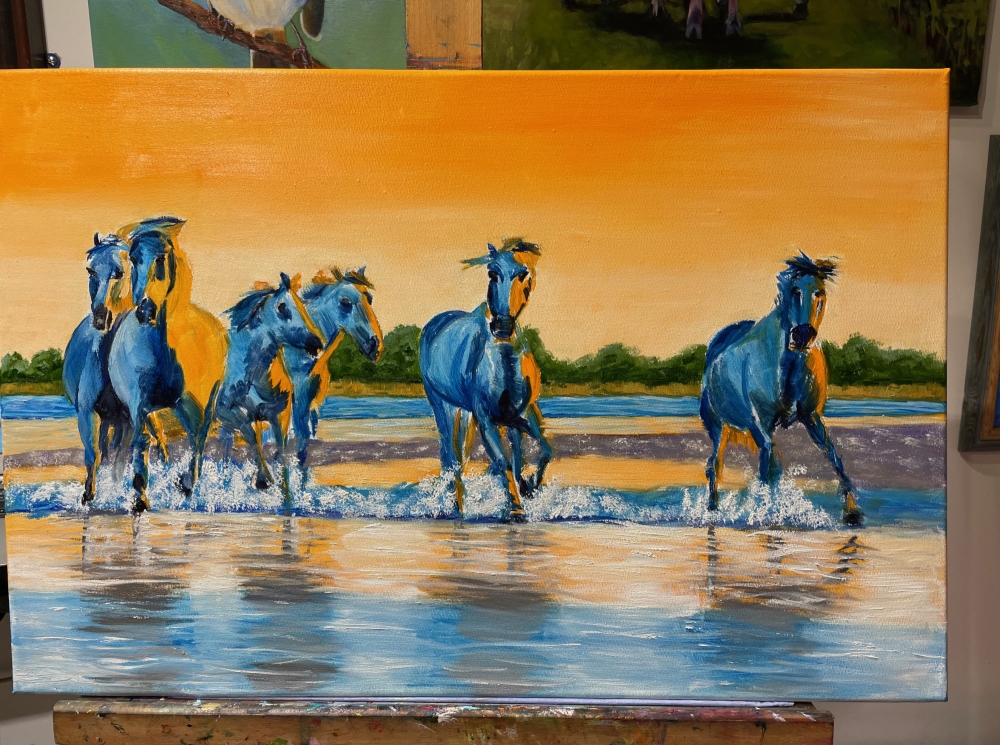 Splashing Horses at Sunset