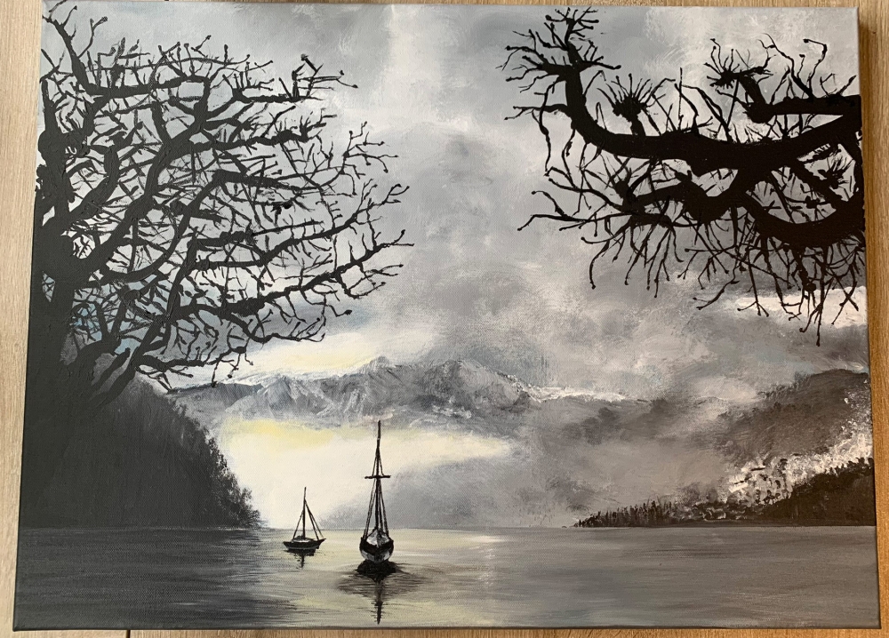 Atmospheric Acrylic Painting of a Swiss Lake & Mountains